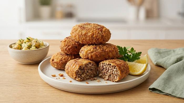 Tabakta kızarmış kadınbudu köfteler, biri kesik, yanında patates salatası