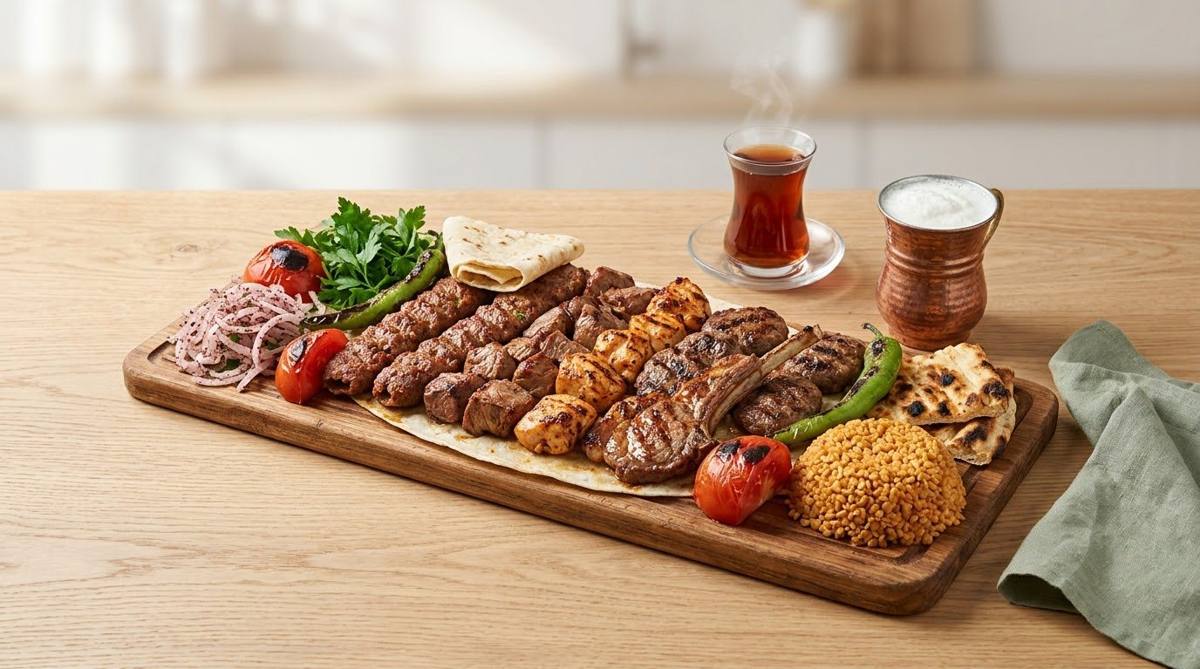 Ahşap tahtada Adana, tavuk şiş ve pirzolalı karışık ızgara, közlenmiş sebzeler