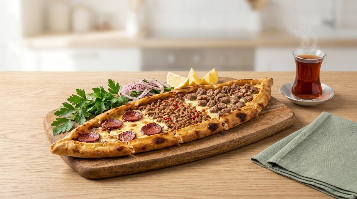 Ahşap tahtada kıymalı, sucuklu ve kaşarlı karışık pide