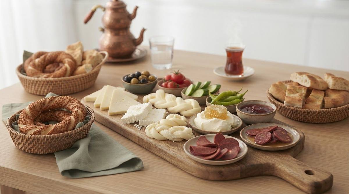 Ahşap tahtada serpme kahvaltı: peynirler, zeytin, reçel, simit ve çay