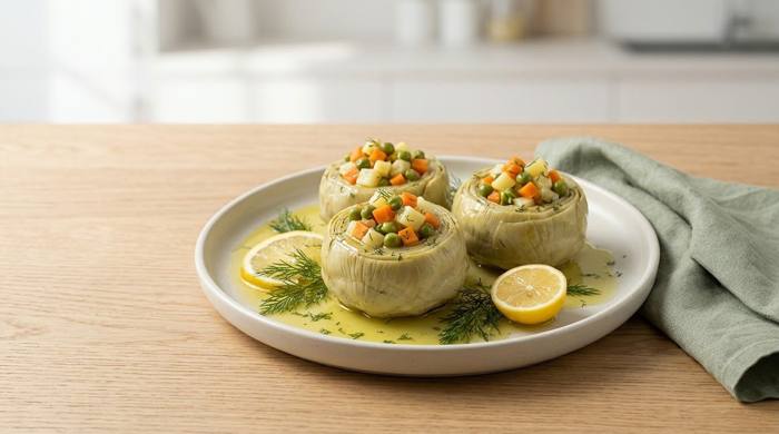 Havuç ve bezelyeli zeytinyağlı enginar kalpleri, dereotu ve limon